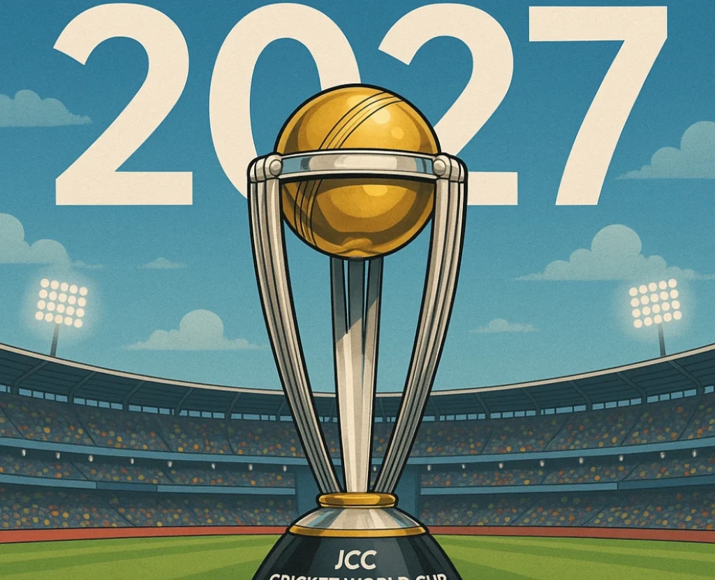 ICC Cricket World Cup trophy in a stadium with bold 2027 in the background