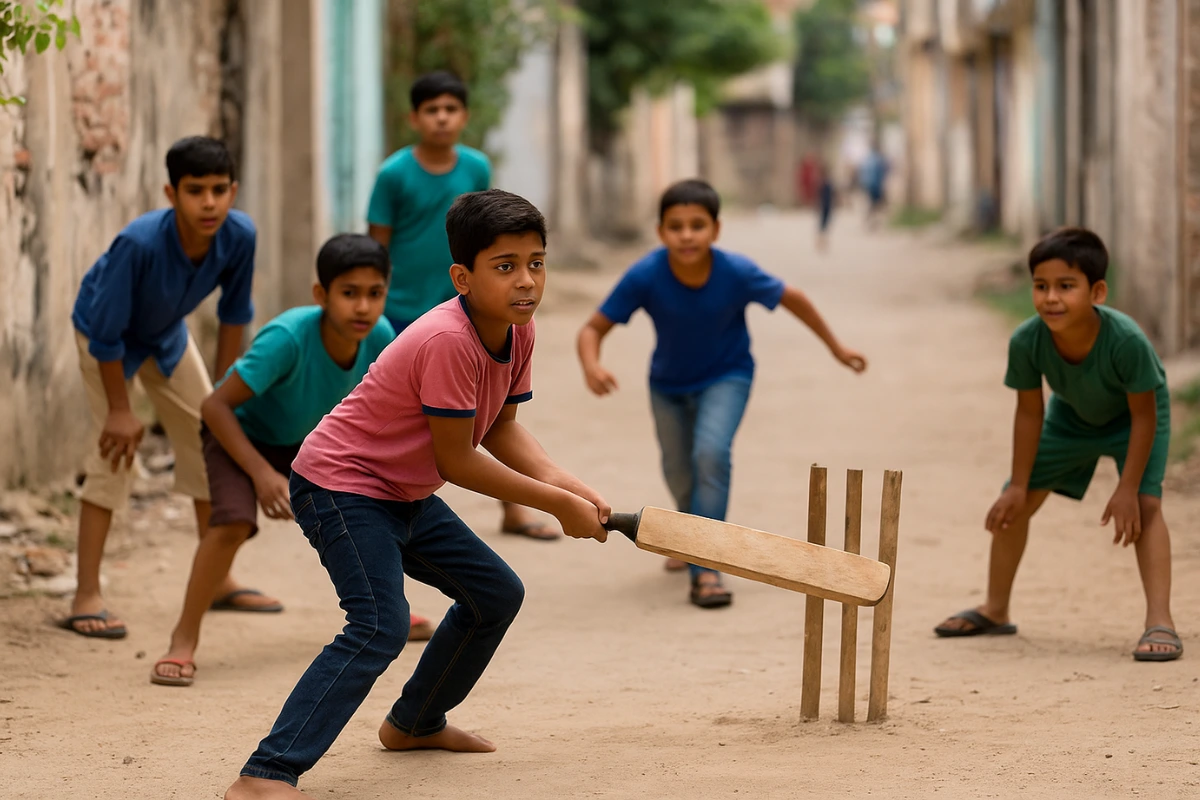 Group of young boys playing cricket on a narrow street in an urban neighborhood