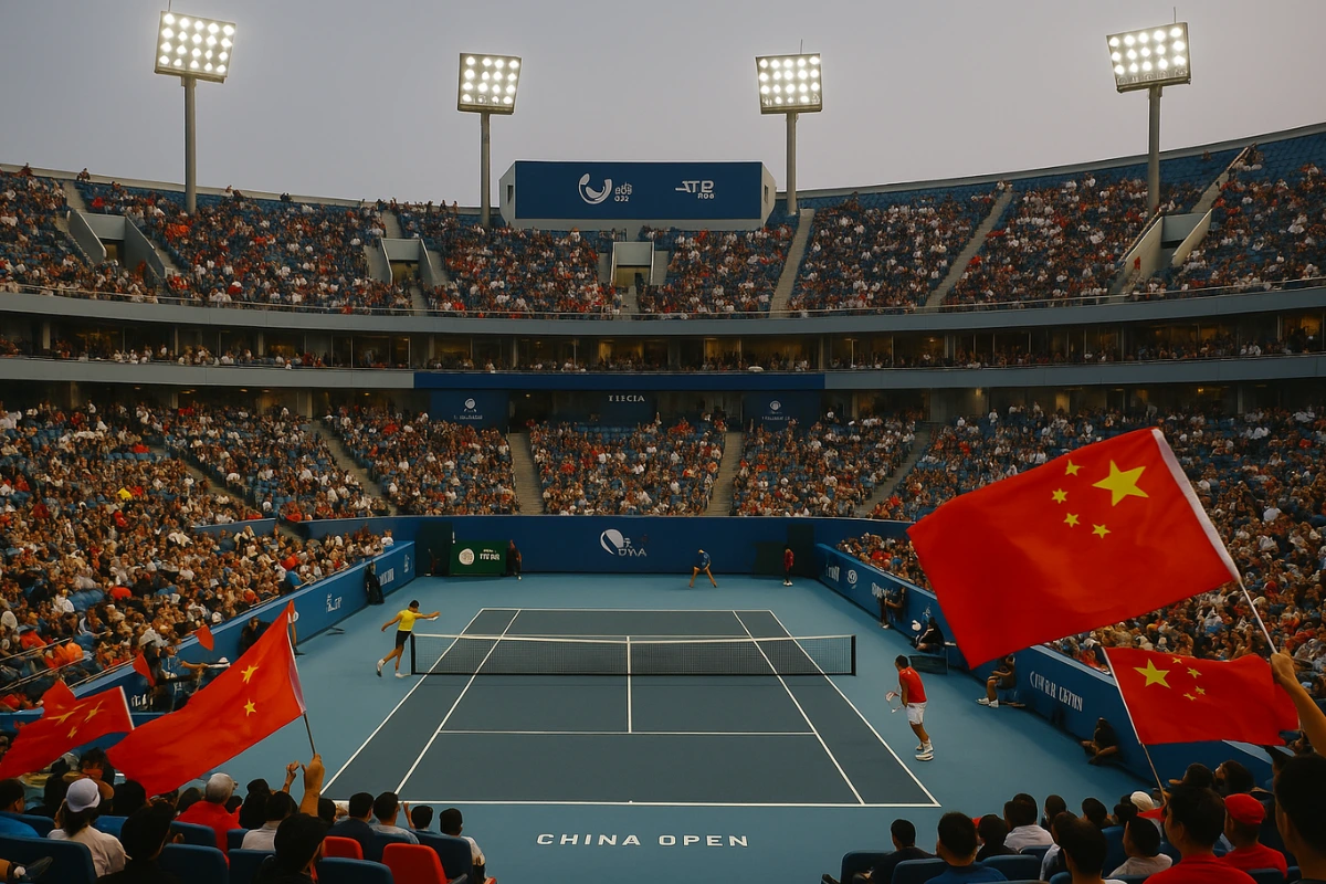 Crowd cheering at China Open tennis match with players on blue court and Chinese flags waving in the stands