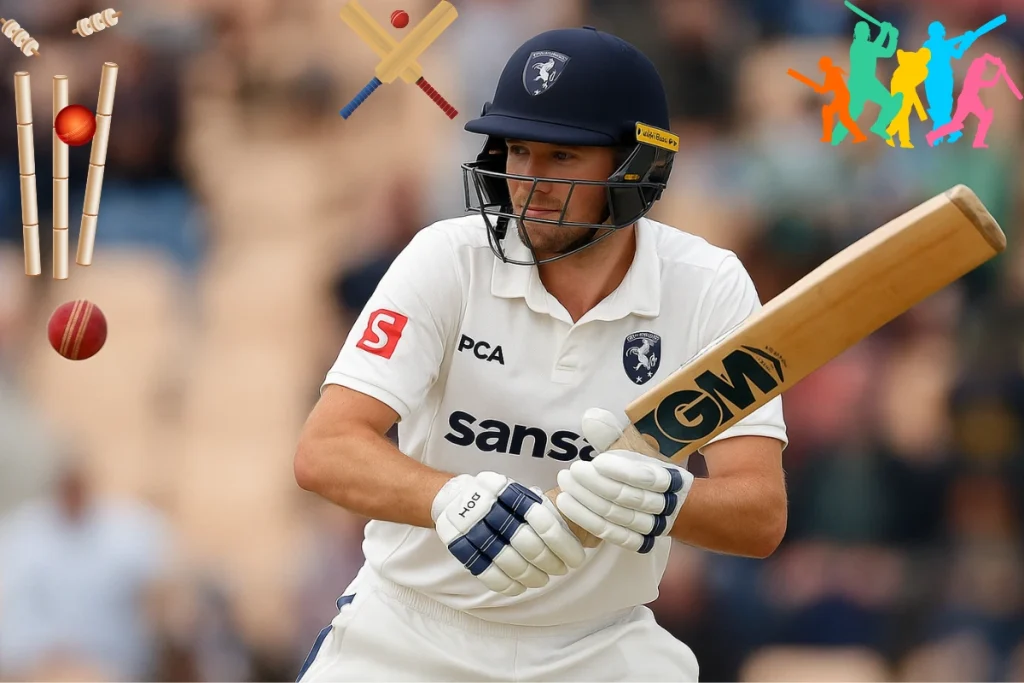 Jordan Cox batting during a County Championship match in 2025, wearing Kent kit and focused on a red cricket ball