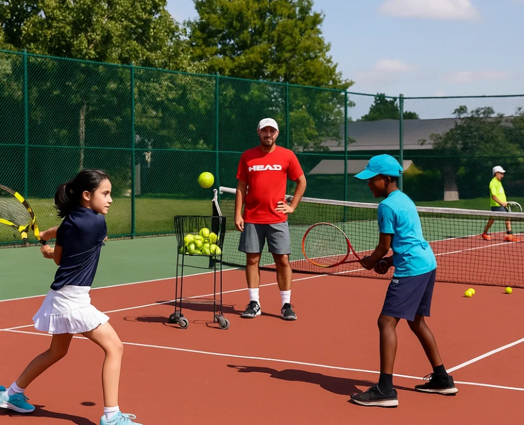 Children practicing tennis with a coach on a red outdoor court during a sunny day, surrounded by green fencing and trees