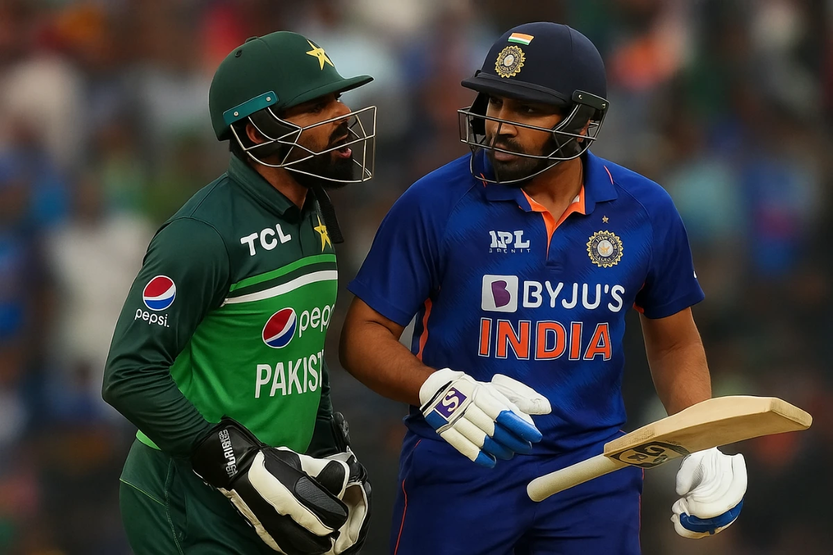 Rawal speaks with two umpires during the first ODI after being pulled up for avoidable physical contact.