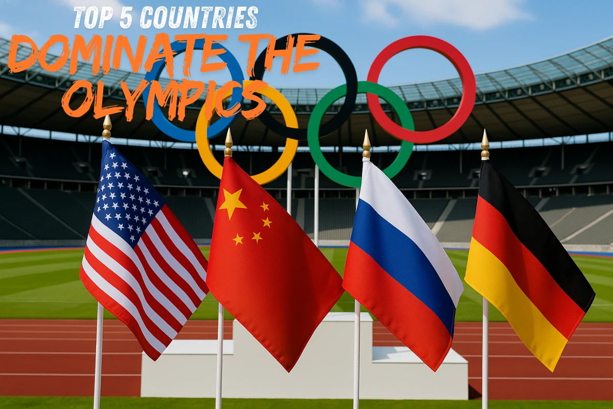 Olympic Flags of USA, China, Russia, and Germany in front of Olympic Rings at a modern stadium