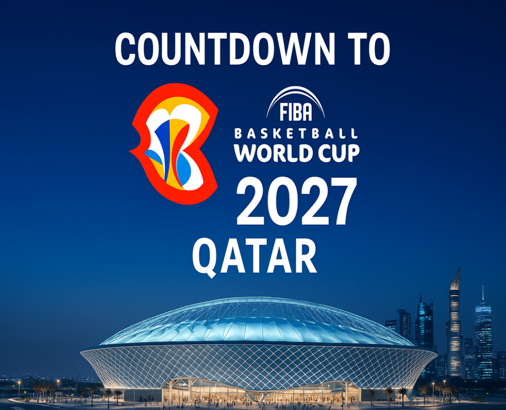 Countdown to FIBA Basketball World Cup 2027 in Qatar featuring modern stadium and Doha skyline