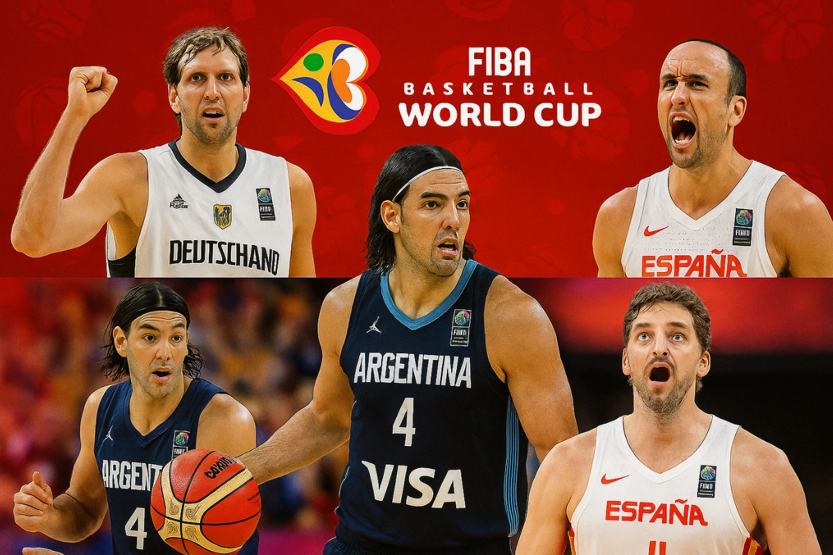 Collage of FIBA World Cup legends including Dirk Nowitzki, Manu Ginóbili, Luis Scola, and Pau Gasol in action
