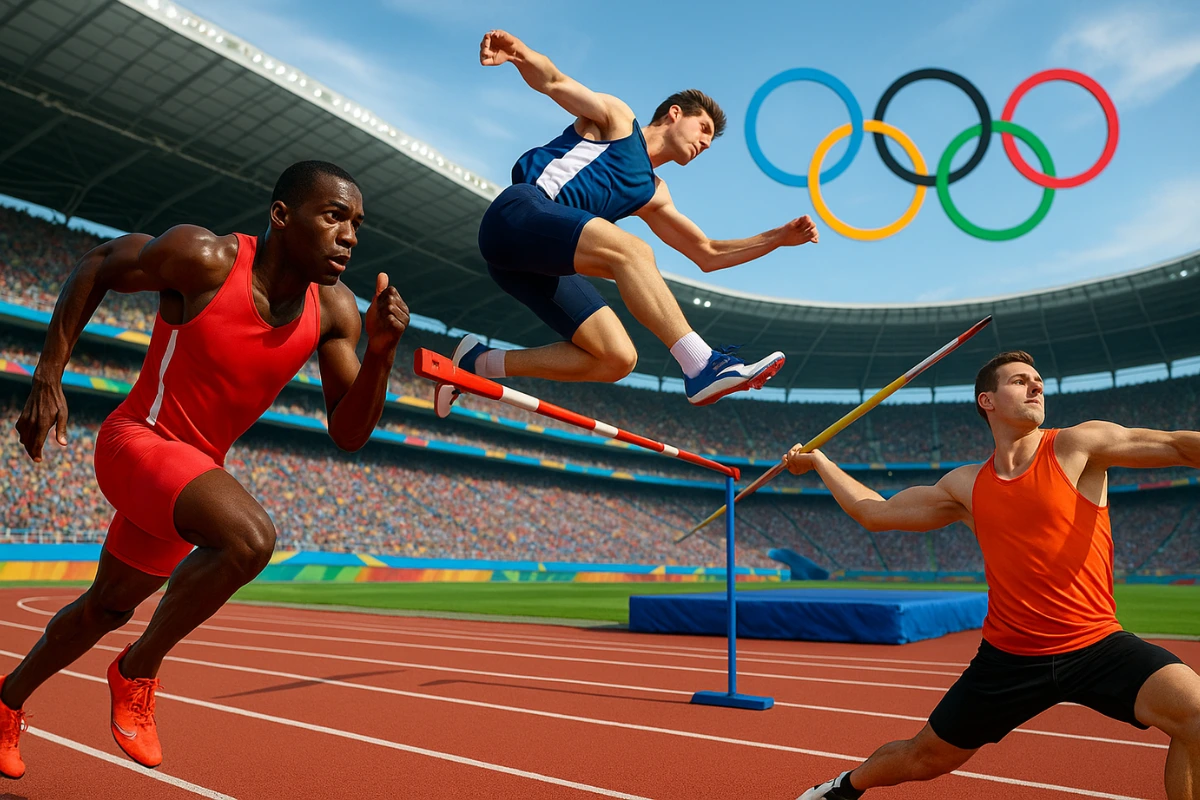 "Olympic track and field athletes in action — sprinter mid-race, high jumper leaping, and javelin thrower with Olympic stadium backdrop."
