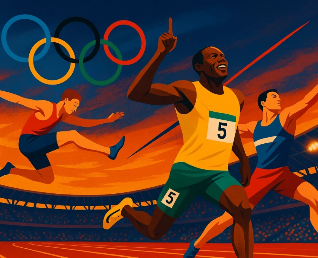 "Illustration of Usain Bolt finishing a race, with Olympic athletes performing javelin throw and long jump in stadium at sunset."
